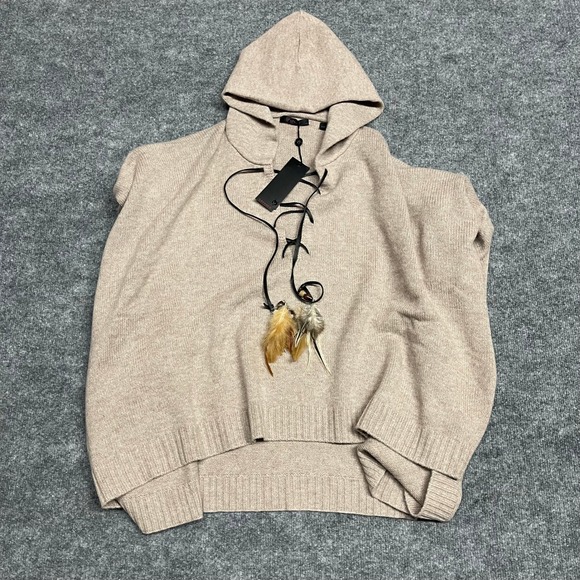 Greyson Sweaters - Greyson Poncho Womens One Size Fawn Heather Wool Cashmere Hooded Feather Lace Up